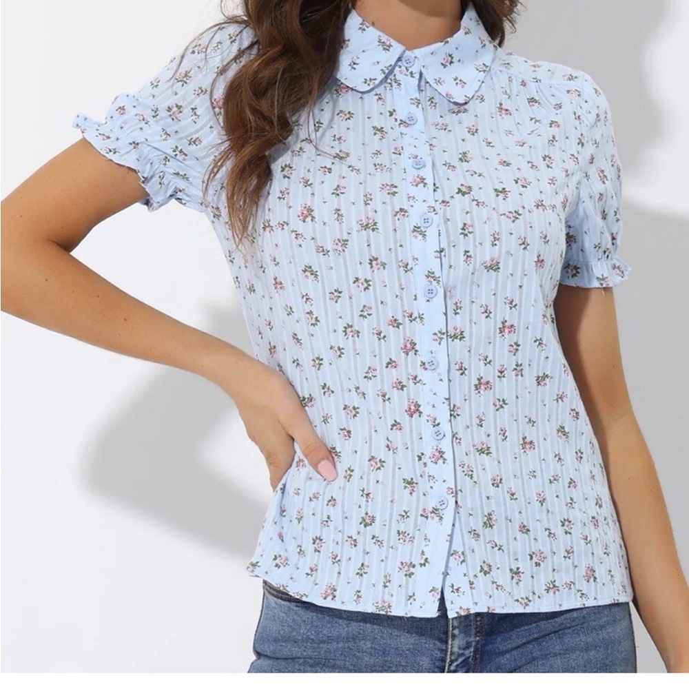 Allegra K Women's Blue Floral Blouse